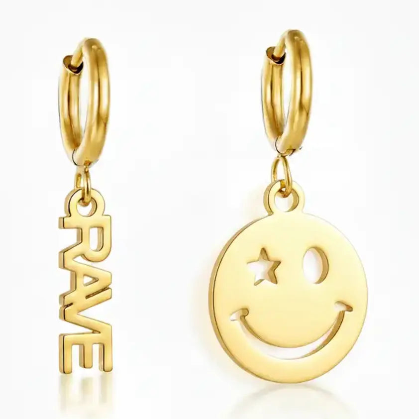 Rave Smiley Gold Plated Huggies Earrings
