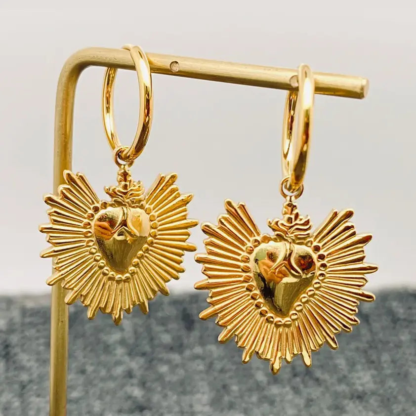 18K Gold Plated Steel Sacred Heart Huggies Earrings