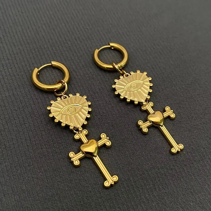 18K Gold Plated Steel Cross & Eye Huggies Earrings