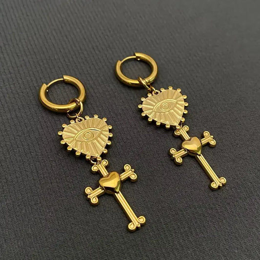 18K Gold Plated Steel Cross & Eye Huggies Earrings