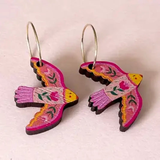 Wooden Folk Bird Earrings